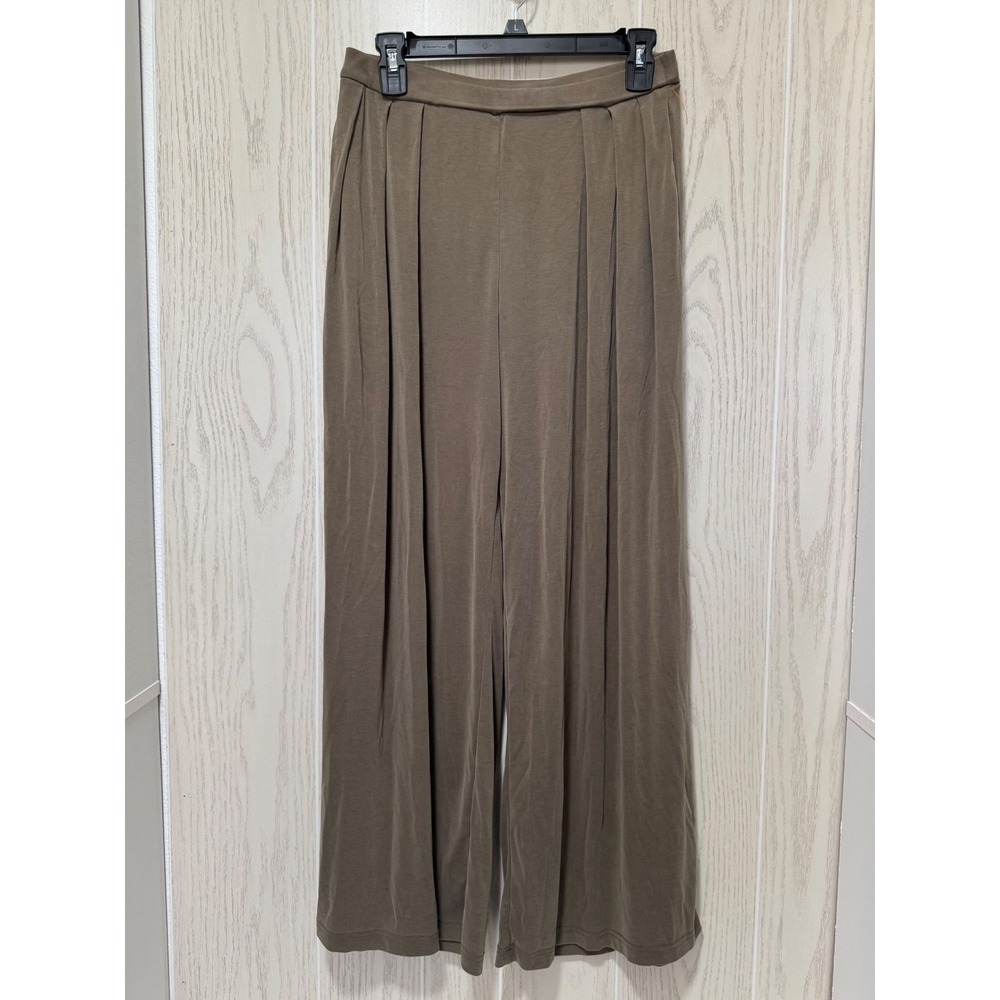 OGL Taupe Brown Ribbed Wide Leg Pleated Trousers Pockets Size Medium Petite